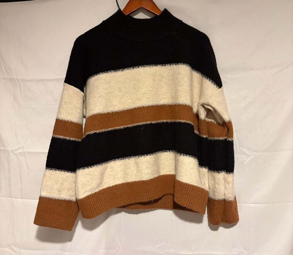 Universal Thread Women's Striped Mock Neck Sweater XL Black Cream Brown